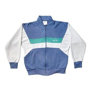 80s Vintage Adidas Sweatshirt Colorblock Zip Up Stripe Panel Batwing Sleeve.